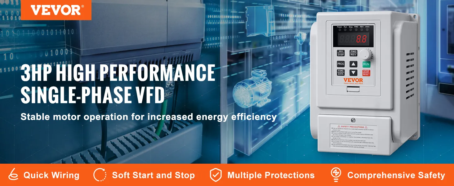 VEVOR vfd 2.2kw 3hp high performance single-phase vfd for enhanced motor efficiency and protection.