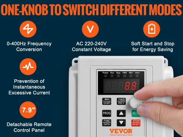 VEVOR vfd 2.2kw display with one-knob control, 0-400hz frequency conversion, and detachable remote panel.