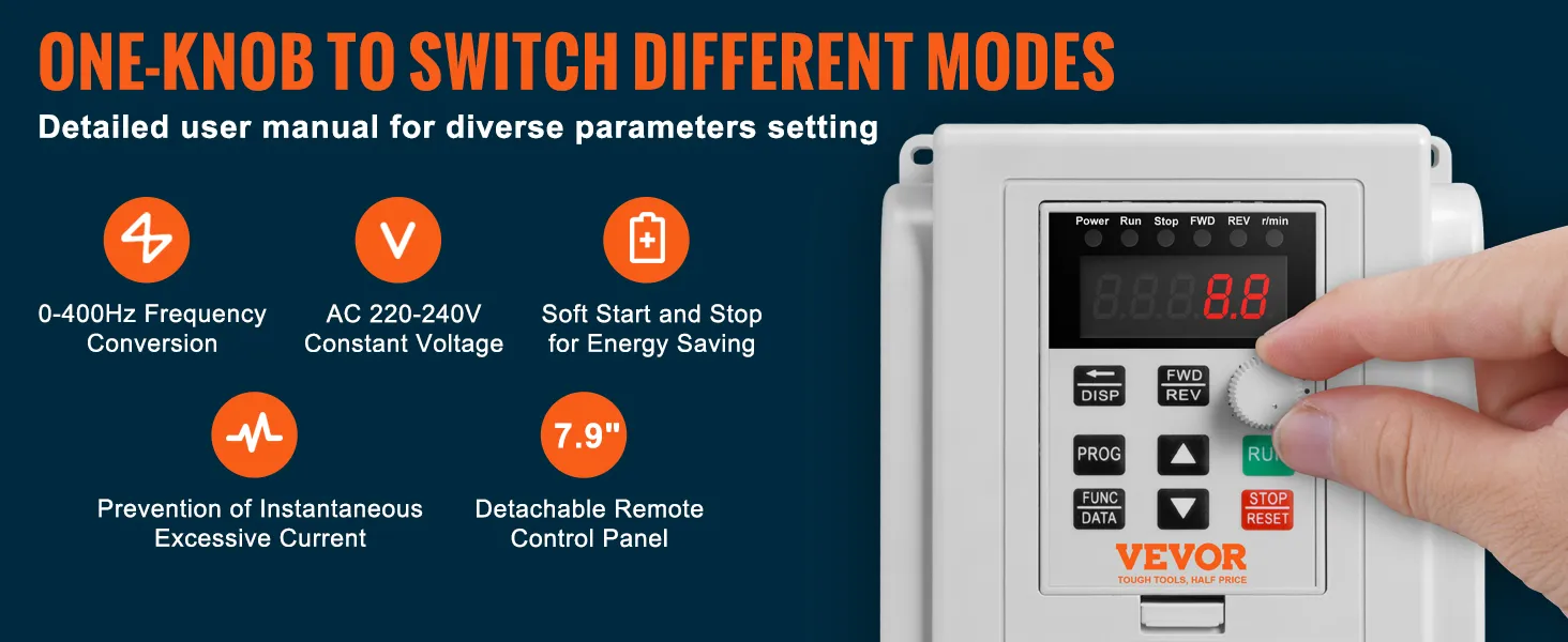 VEVOR vfd 2.2kw display with one-knob control, 0-400hz frequency conversion, and detachable remote panel.