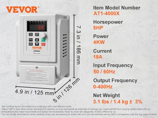 Variador de frecuencia VEVOR (5cv, 4kw, 18a) con dimensiones y especificaciones en un entorno industrial.