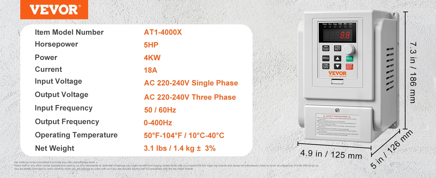 Variador de frecuencia VEVOR (5cv, 4kw, 18a) con dimensiones y especificaciones en un entorno industrial.