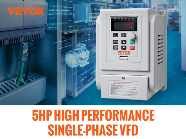 Variador de frecuencia VEVOR vfd, 5 hp monofásico, funcionamiento estable del motor, cableado rápido, características de seguridad.