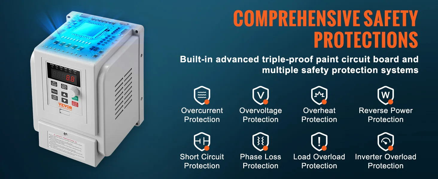 Variador de frecuencia VEVOR con protecciones de seguridad integrales que incluyen sobretensión y sobrecalentamiento.