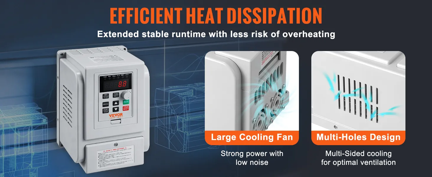 Variador de frecuencia VEVOR con disipación de calor eficiente, ventilador de refrigeración grande y diseño de múltiples orificios.