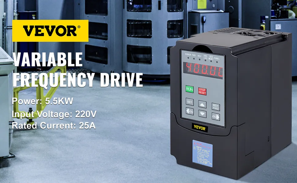 VEVOR cnc vfd en un entorno industrial con especificaciones mostradas.
