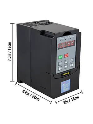 VFD CNC VEVOR negro con dimensiones etiquetadas sobre fondo blanco.