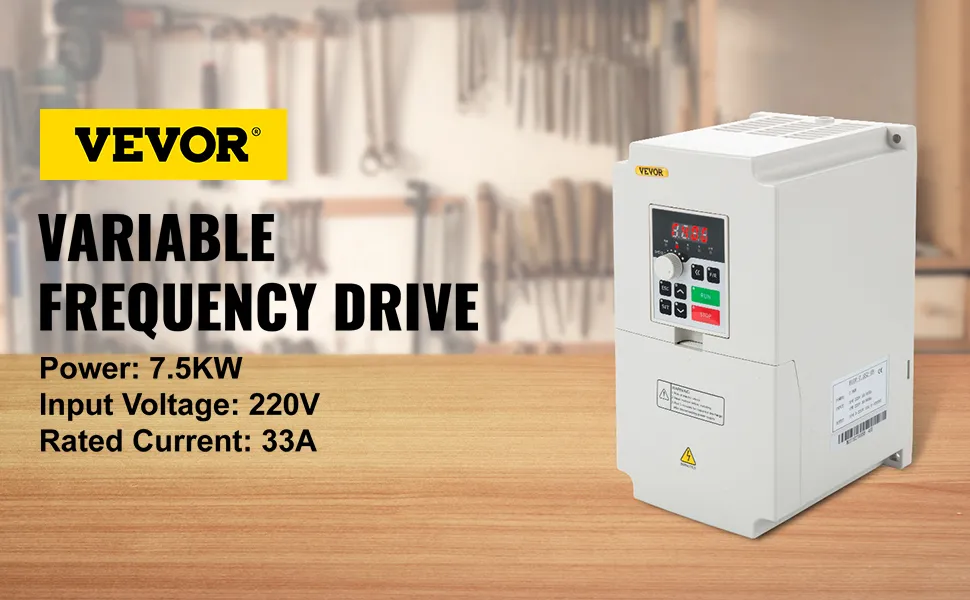 Variador de frecuencia VEVOR con potencia de 7,5 kW, entrada de 220 V y corriente nominal de 33 A.