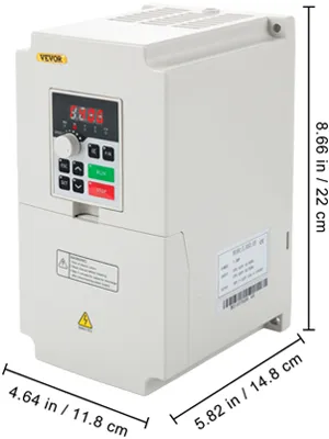 Variador de frecuencia VEVOR con panel de control, pantalla LED y etiquetas de dimensiones.