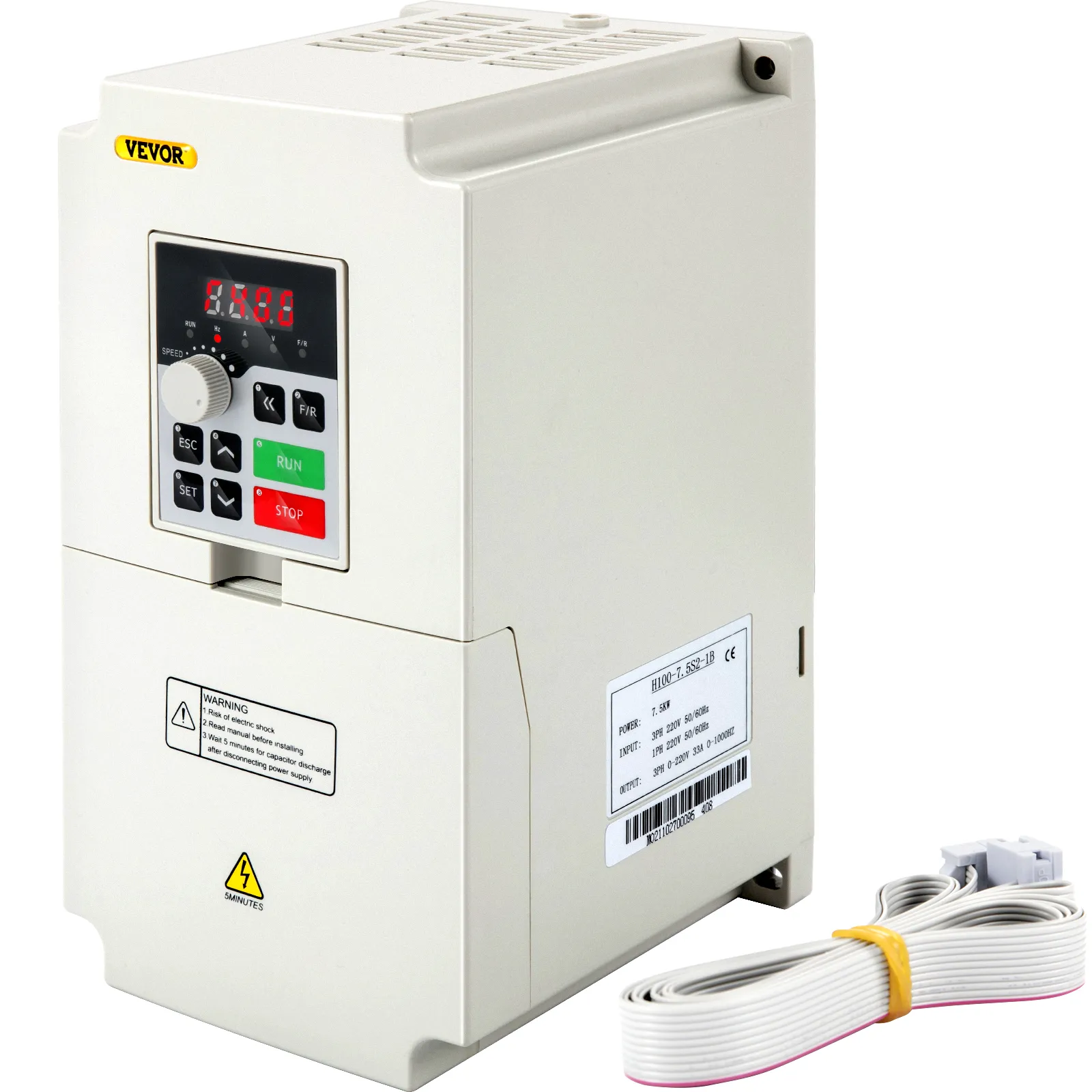 Variador de frecuencia VEVOR con panel de control y cable sobre fondo blanco.
