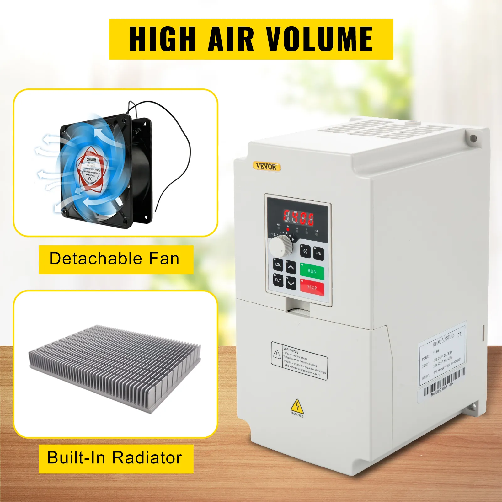 Variador de frecuencia VEVOR con ventilador desmontable y radiador incorporado para un gran volumen de aire.