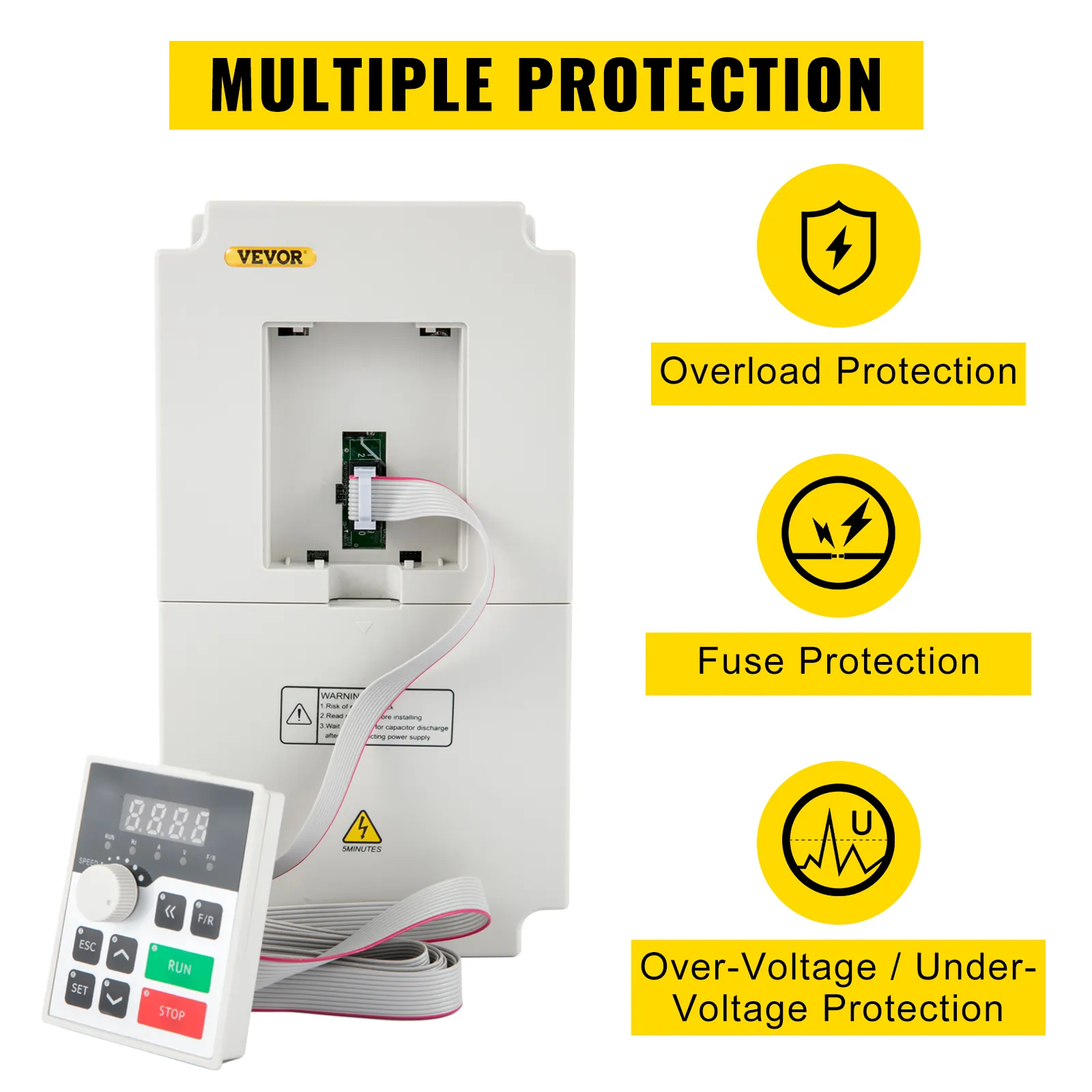 Variador de frecuencia VEVOR con múltiples funciones de protección y panel de control.