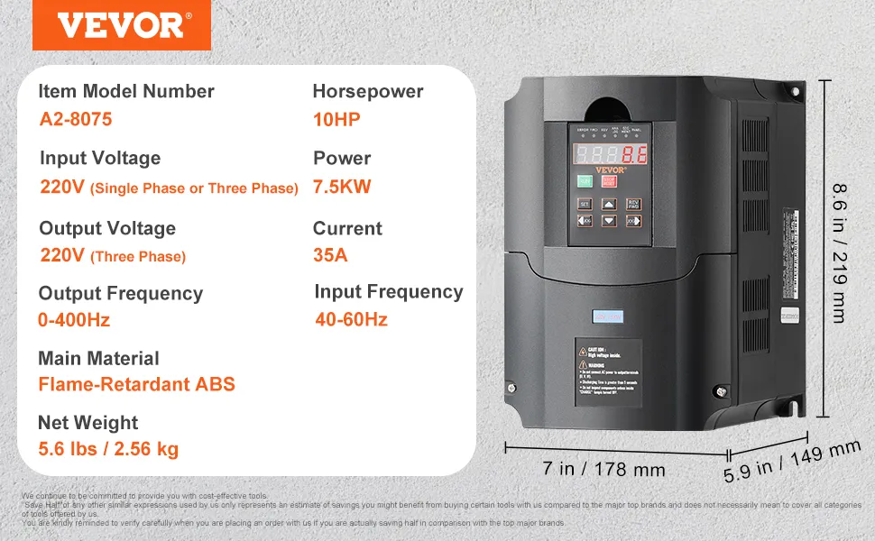 Convertitore di frequenza VEVOR; 10 CV, ingresso/uscita 220 V, 35 A, 7,5 kW, ABS ignifugo, 5,6 libbre.