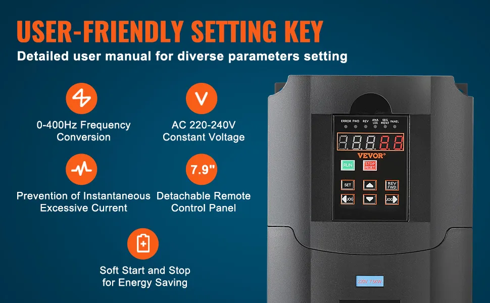 Il convertitore di frequenza VEVOR è caratterizzato da impostazioni intuitive, conversione da 0 a 400 Hz e funzioni di risparmio energetico.