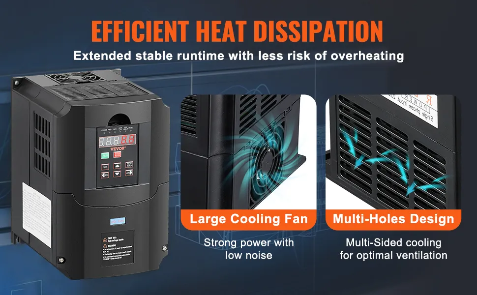 Azionamento a frequenza variabile VEVOR con efficiente dissipazione del calore, grande ventola di raffreddamento e design multi-foro.