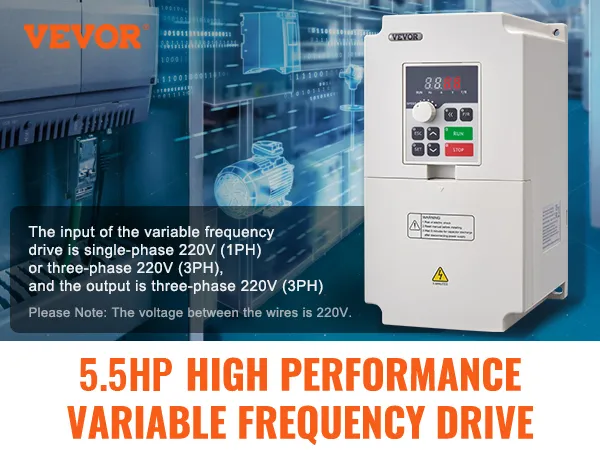 VEVOR variable frequency drive, 4kw power, 220v input, 17a rated current on a workshop table.