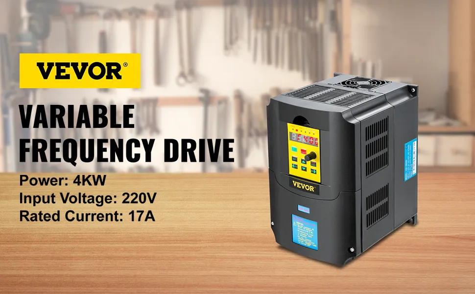 Variador de frecuencia VEVOR, potencia de 4 kW, entrada de 220 V, corriente nominal de 17 A en una mesa de taller.