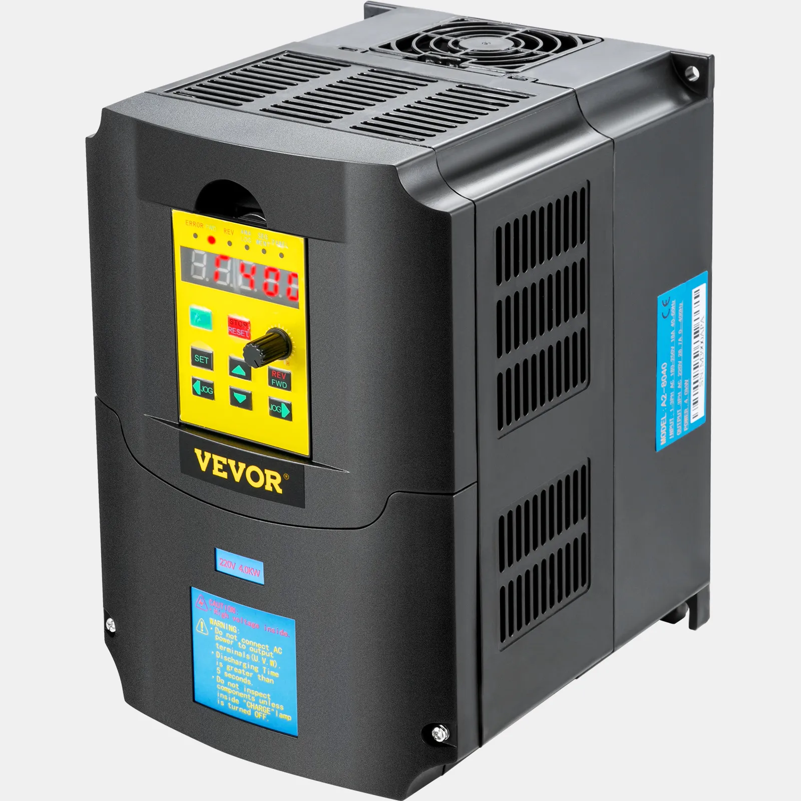 Variador de frecuencia VEVOR con panel de control y carcasa ventilada.