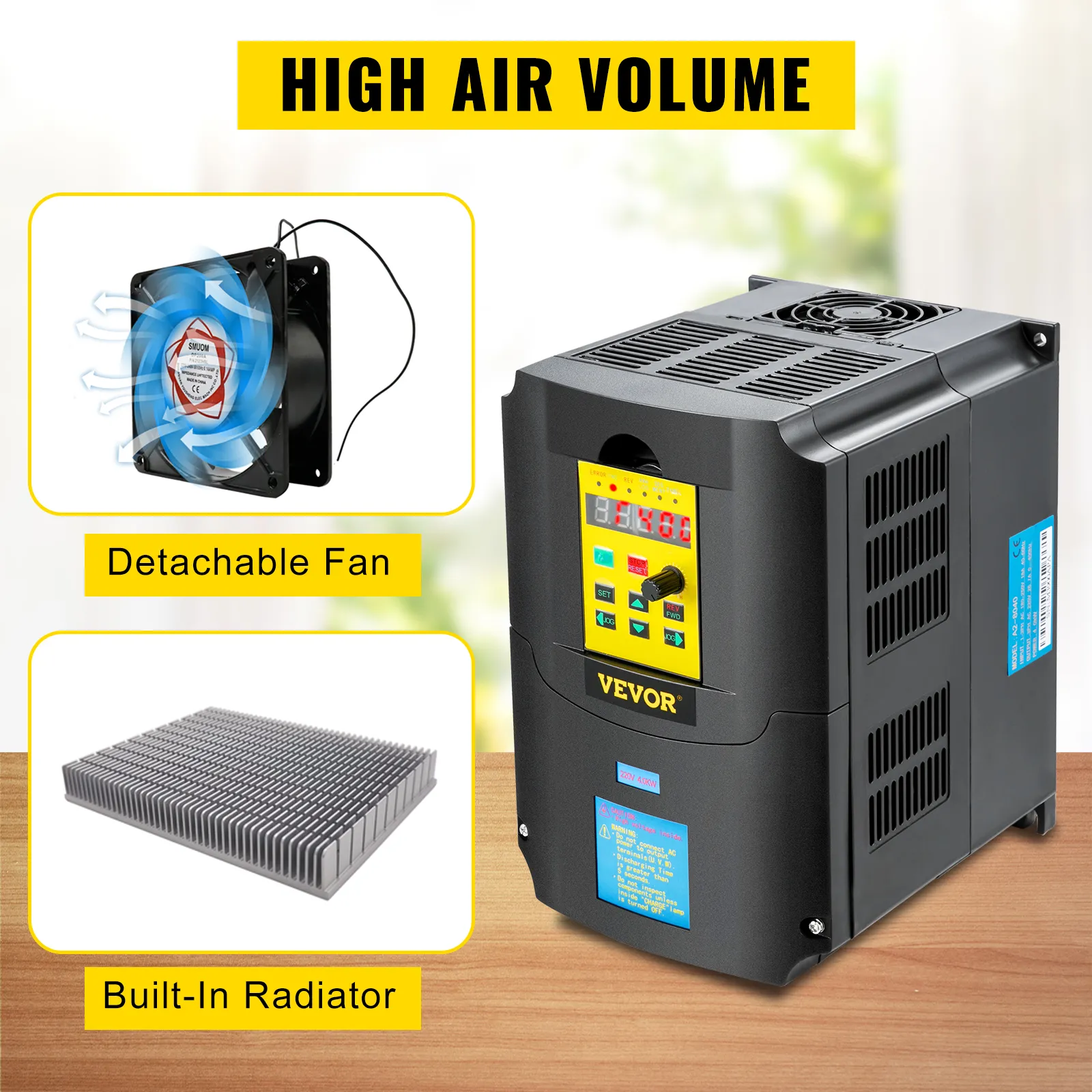 Variador de frecuencia VEVOR con ventilador desmontable y radiador incorporado, gran volumen de aire.