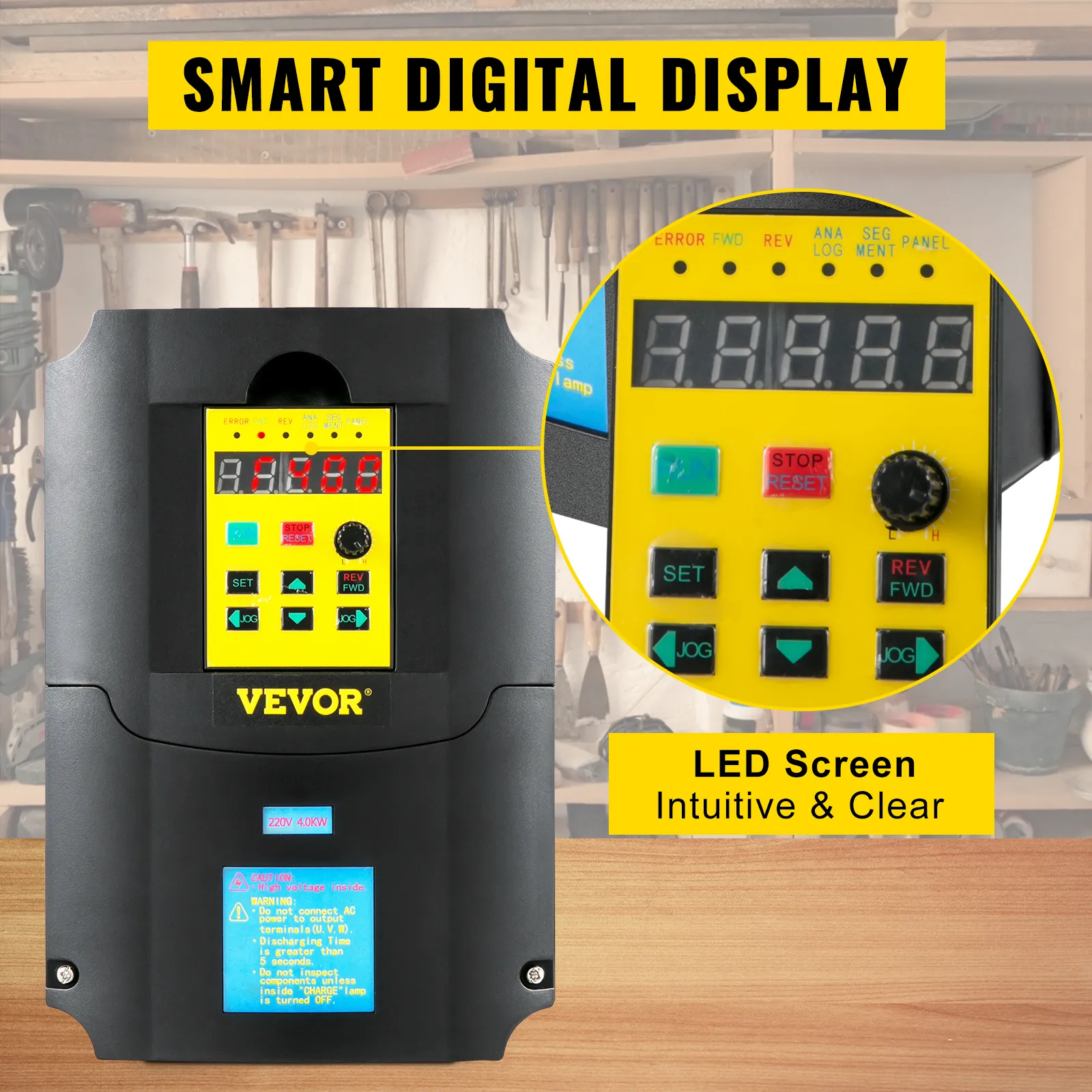 Variador de frecuencia VEVOR con pantalla digital inteligente y pantalla LED intuitiva.