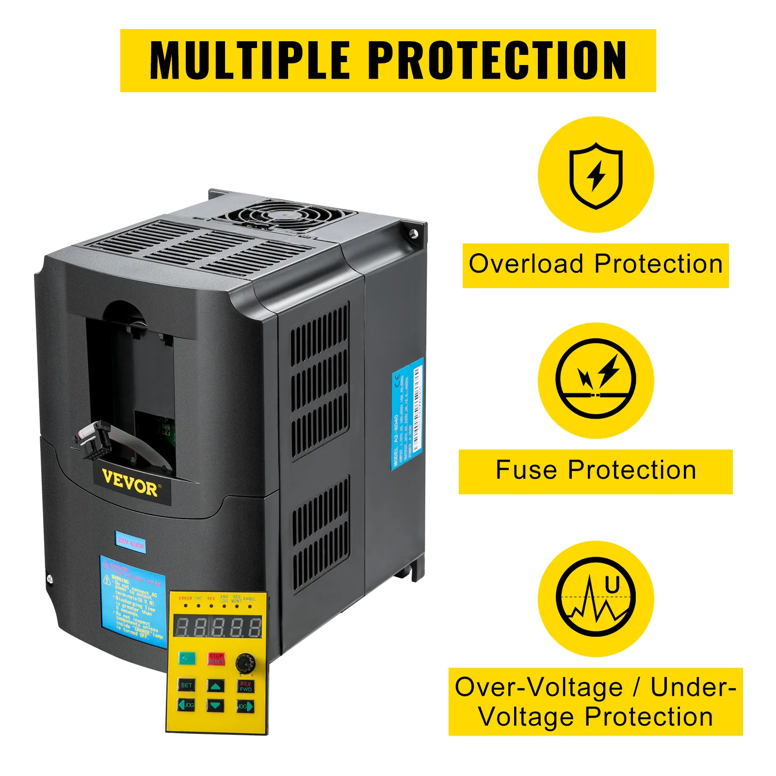 Variador de frecuencia VEVOR con múltiples funciones de protección: sobrecarga, fusible, voltaje.