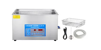 Pulitore ad ultrasuoni VEVOR con display digitale, cestello, cavo di alimentazione e accessori.