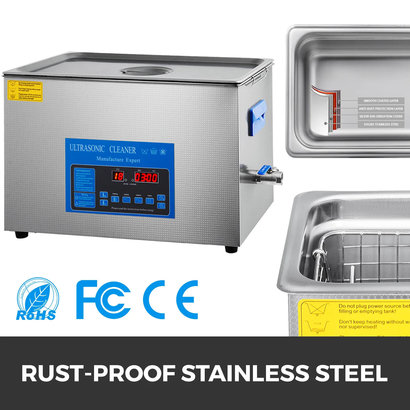 Pulitore ad ultrasuoni VEVOR, acciaio inossidabile antiruggine, display digitale, rohs fcc ce.