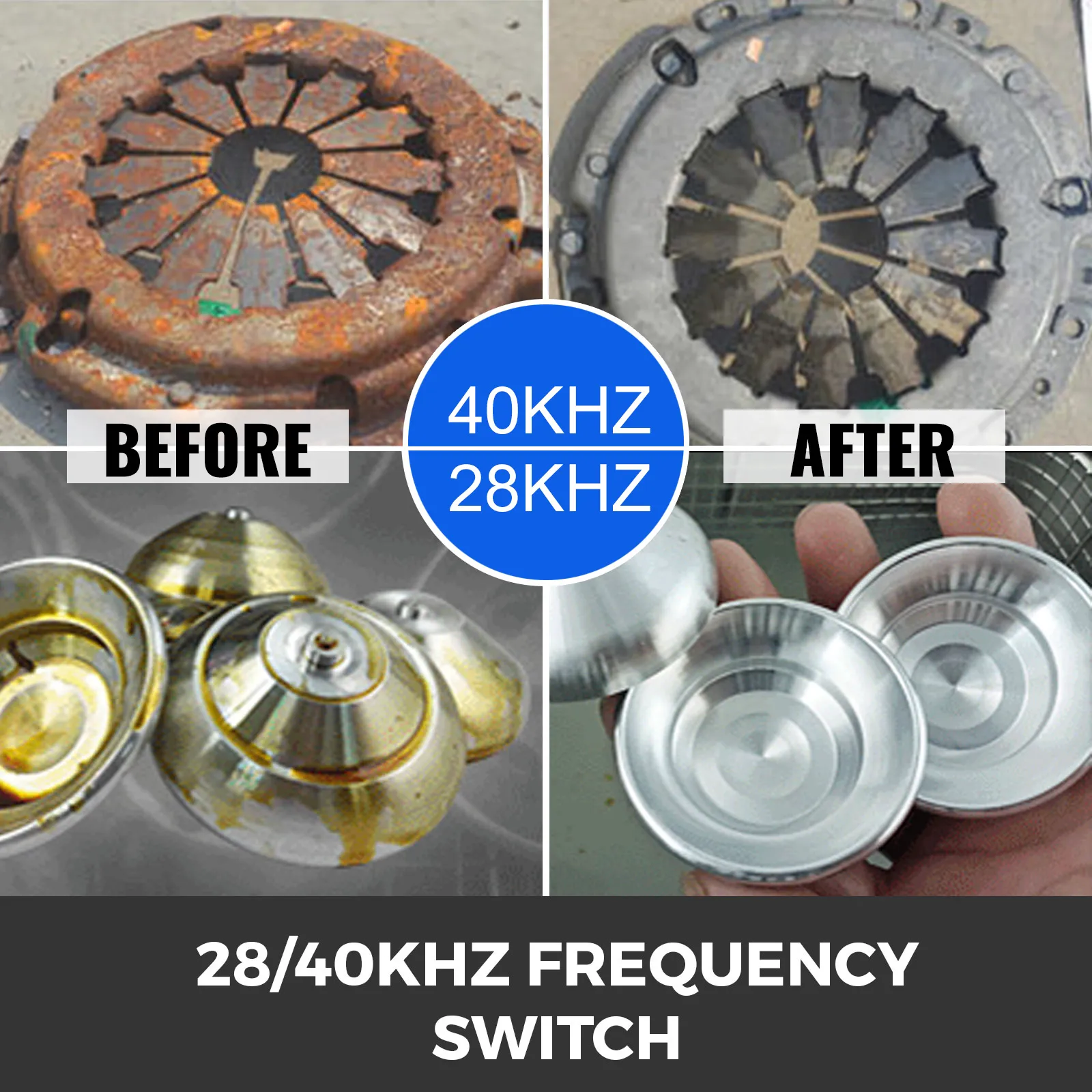 Pulitore a ultrasuoni VEVOR prima e dopo la pulizia di parti metalliche con commutatore di frequenza 28/40 kHz.