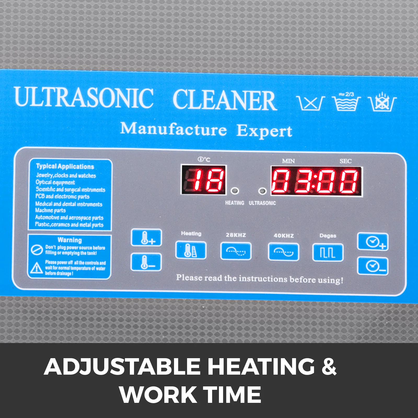 Pannello di controllo del pulitore a ultrasuoni VEVOR con impostazioni regolabili di riscaldamento e tempo.
