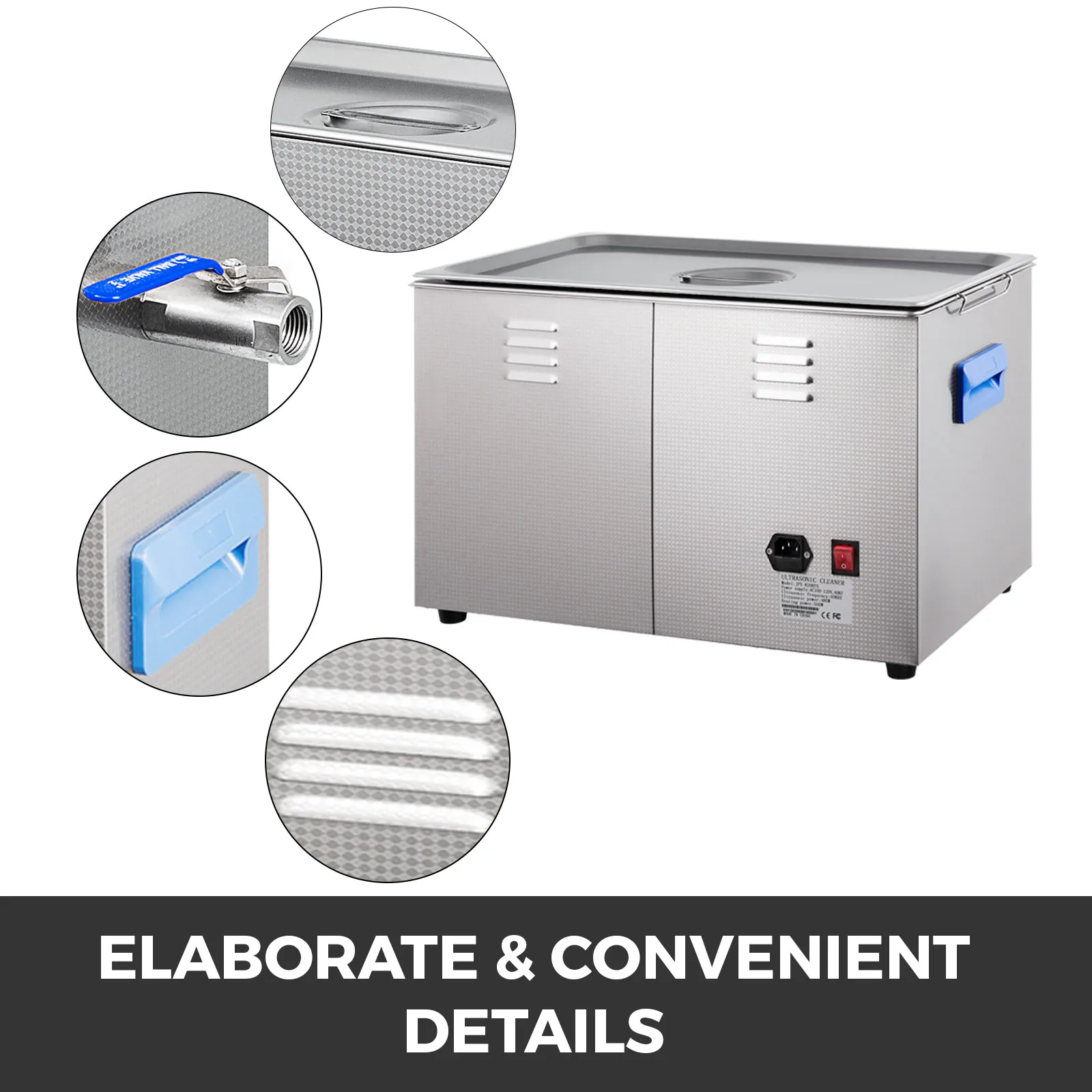 Pulitore a ultrasuoni VEVOR con manopole dettagliate, valvola di scarico, maniglie e fori di sfiato.