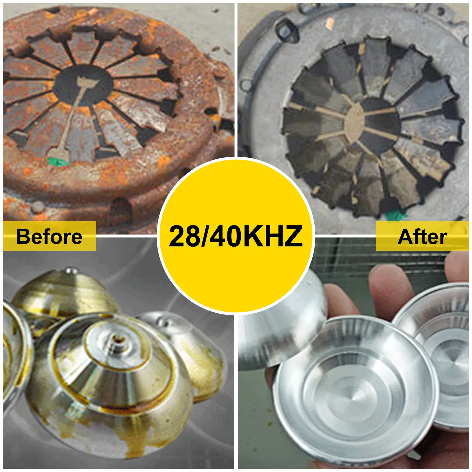 VEVOR ultrasonic cleaner before and after; restored rusty metal parts.