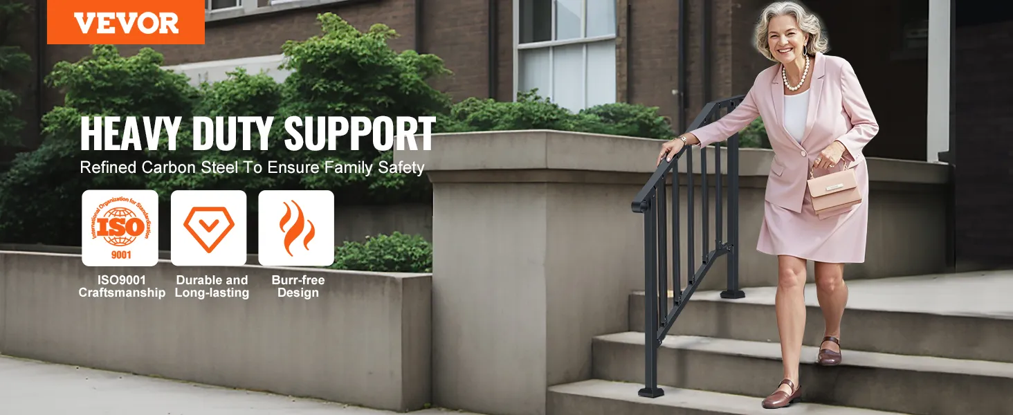 VEVOR Handrails for Outdoor Steps, 2-3 Step Stair Hand Rail Kit, Transitional Carbon Steel Railings with Installation Kit, Stair Rails for Seniors, Concrete Steps & Porch & Deck, Black Retro Arch