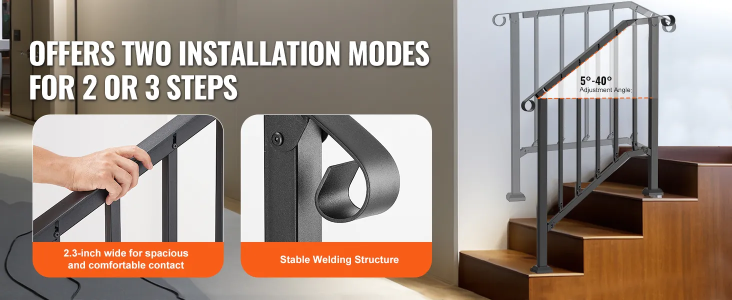 VEVOR Handrails for Outdoor Steps, 2-3 Step Stair Hand Rail Kit, Transitional Carbon Steel Railings with Installation Kit, Stair Rails for Seniors, Concrete Steps & Porch & Deck, Black Retro Arch