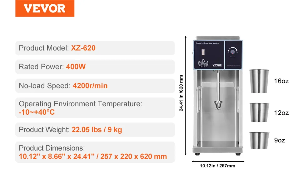 VEVOR ice cream blender xz-620, 400w, 4200r/min, 22.05 lbs, 10.12"x8.66"x24.41", 16oz, 12oz, 9oz cups.