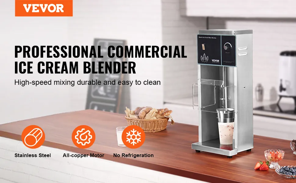 VEVOR ice cream blender on a kitchen counter with fresh ingredients and product feature icons.
