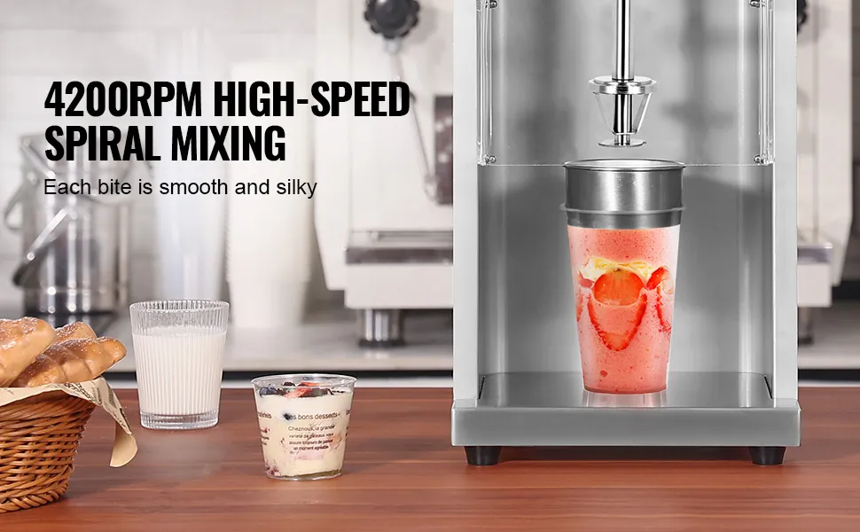 VEVOR ice cream blender in action with a 4200rpm high-speed spiral mixing, creating smooth and silky treats.