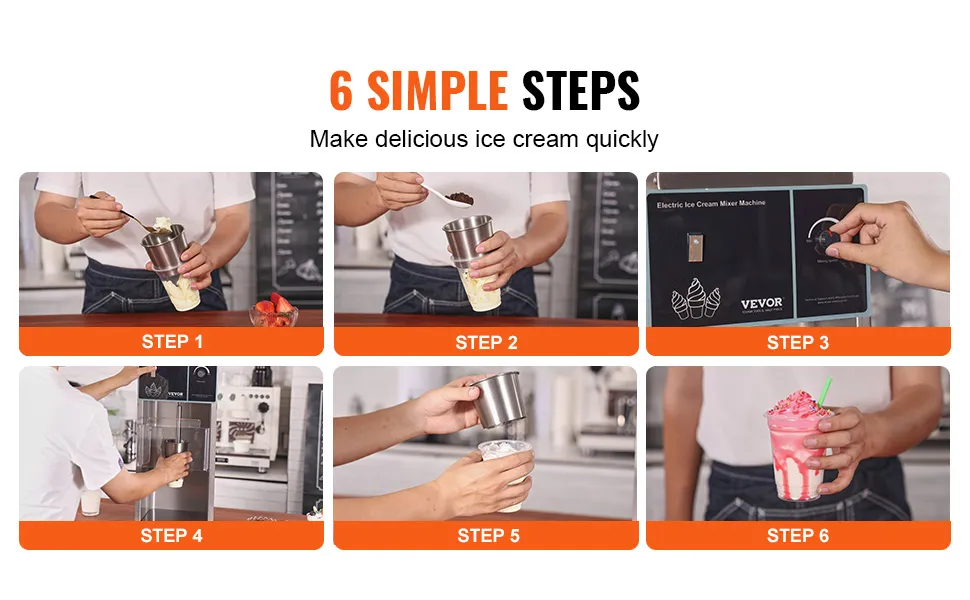 6 simple steps to make delicious ice cream quickly with VEVOR ice cream blender, from mixing to serving.
