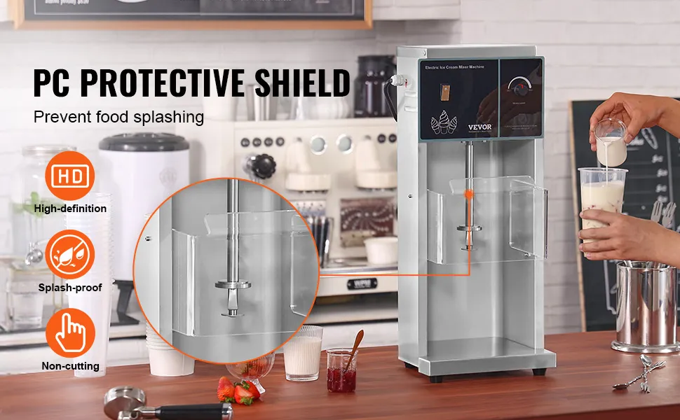 VEVOR ice cream blender with pc protective shield, showcased on a kitchen counter with milk being poured.