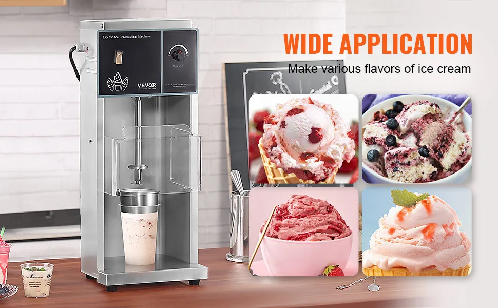 VEVOR ice cream blender for various flavors; machine and several ice cream dishes displayed.