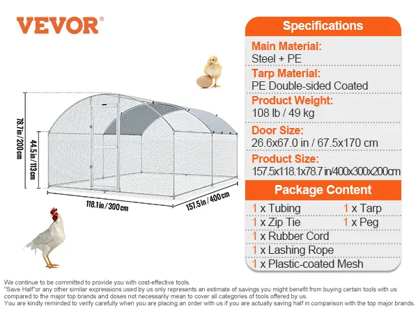 VEVOR chicken coop with steel frame, pe tarp, and mesh, 400x300x200 cm. includes tubing, tarp, peg, rope.