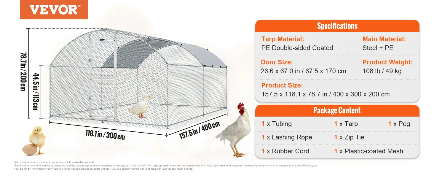 VEVOR chicken coop with steel frame, pe tarp, and mesh, 400x300x200 cm. includes tubing, tarp, peg, rope.