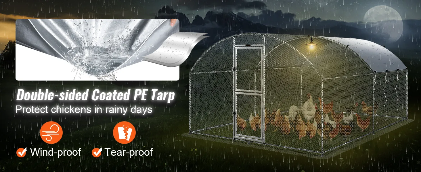 VEVOR chicken coop with double-sided coated pe tarp protecting chickens during rainy nights.