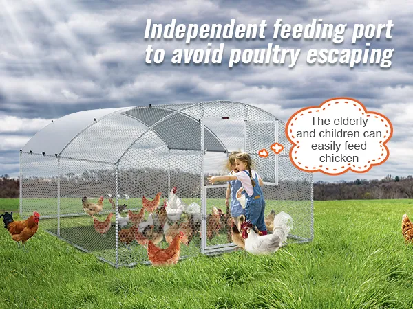 VEVOR chicken coop in a green field with multiple chickens and a person feeding them through a secure port.