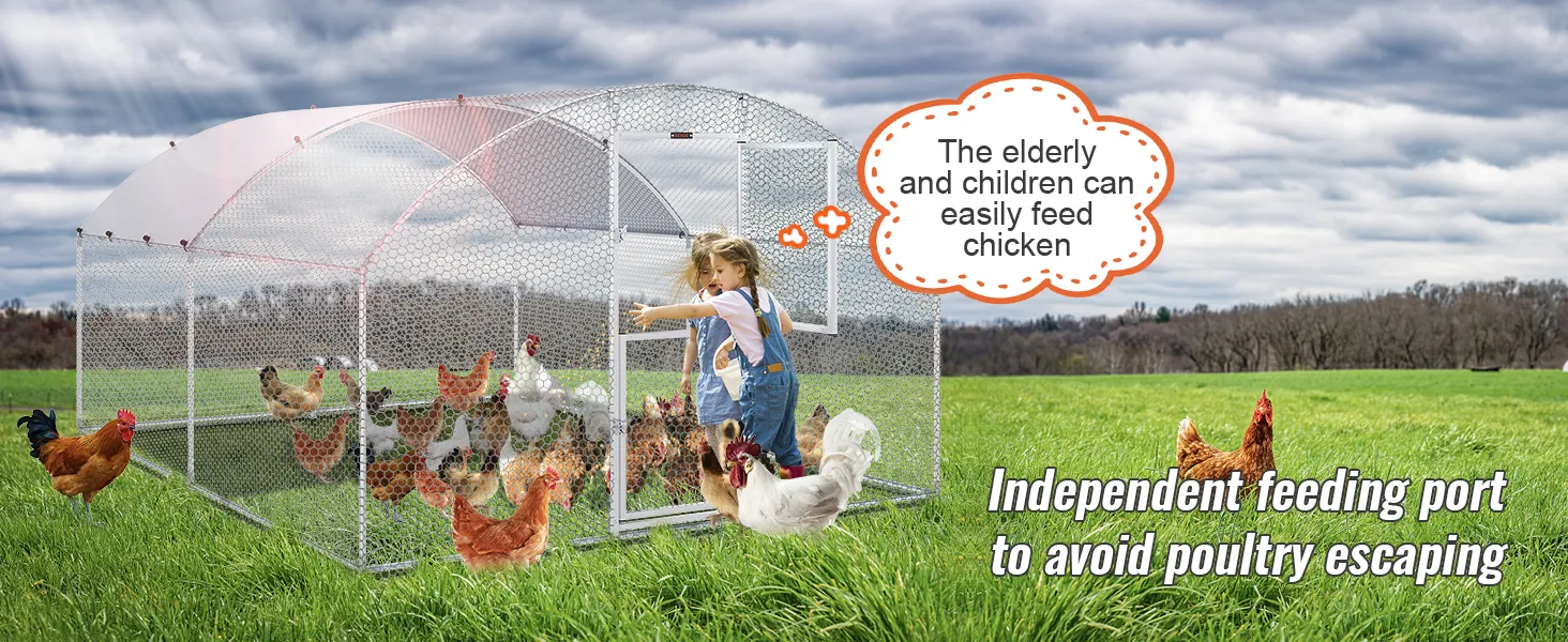 VEVOR chicken coop in a green field with multiple chickens and a person feeding them through a secure port.