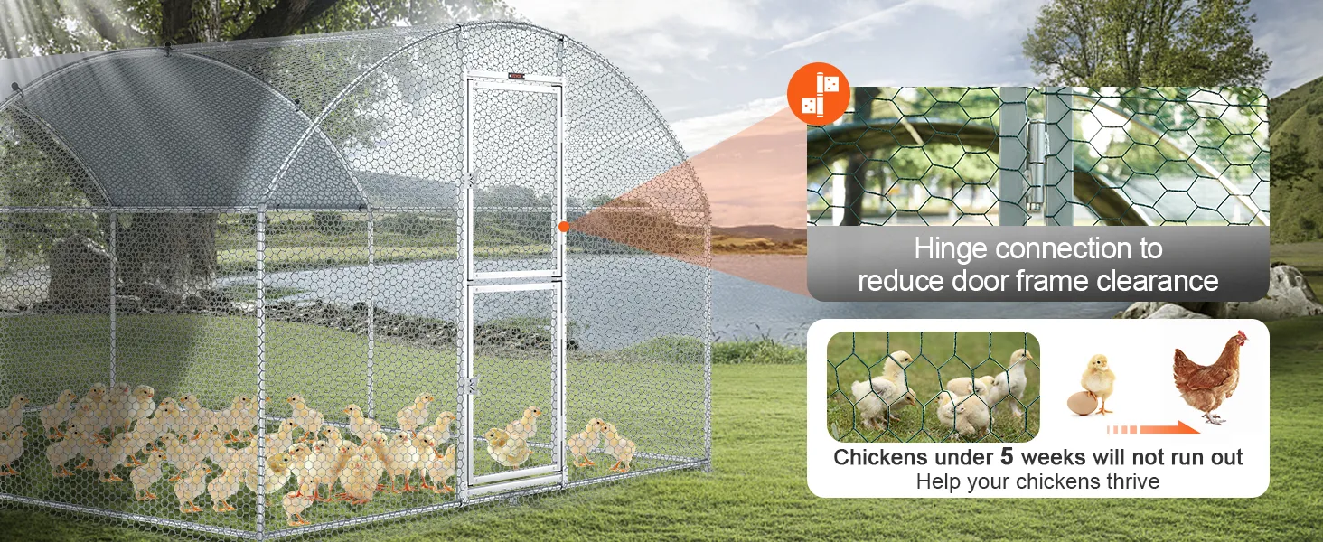 VEVOR chicken coop with secure hinge connection and baby chicks in a mesh enclosure by a scenic lakeside.