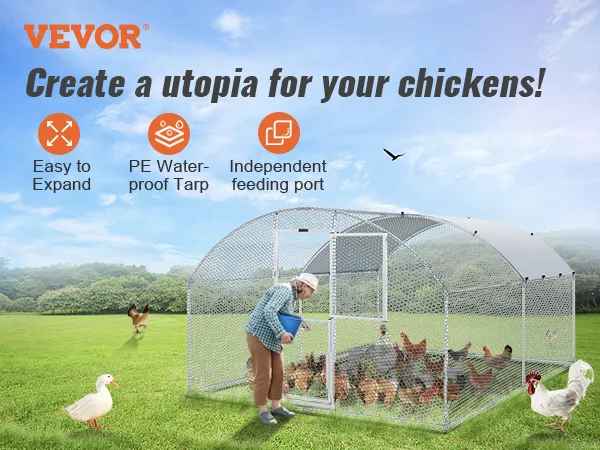 VEVOR chicken coop in a grassy field with a waterproof tarp, easy expansion, and independent feeding port.