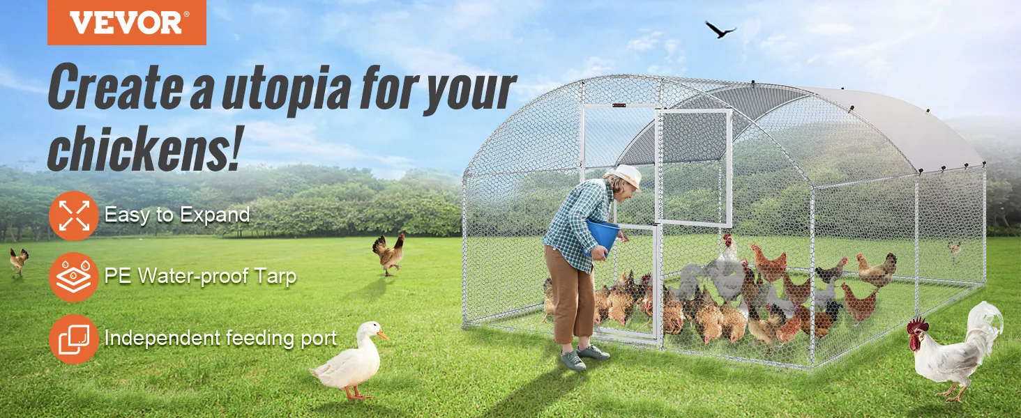 VEVOR chicken coop in a grassy field with a waterproof tarp, easy expansion, and independent feeding port.