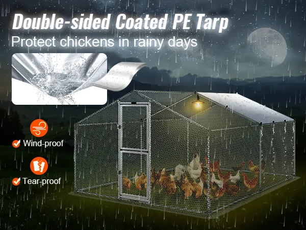 VEVOR metal chicken coop with double-sided coated pe tarp, wind-proof and tear-proof, rain protection.
