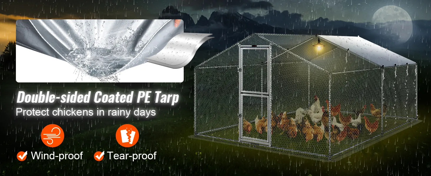 VEVOR metal chicken coop with double-sided coated pe tarp, wind-proof and tear-proof, rain protection.