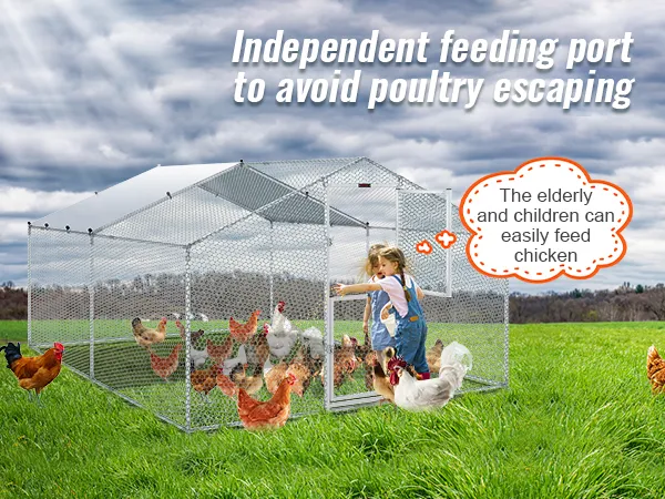 VEVOR metal chicken coop in a green field, children feeding chickens through an independent feeding port.