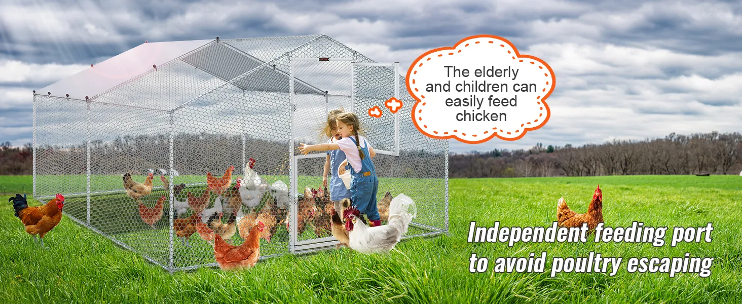 VEVOR metal chicken coop in a green field, children feeding chickens through an independent feeding port.
